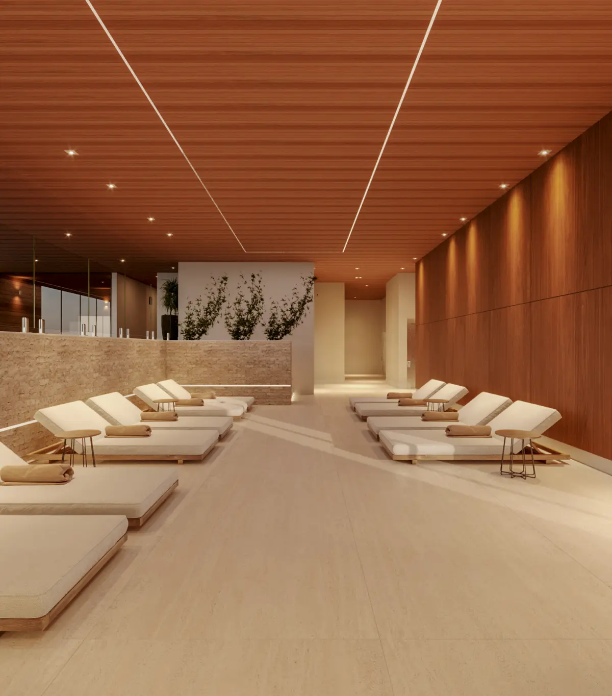 Espaço de descanso do spa do 7º andar, com espreguiçadeiras